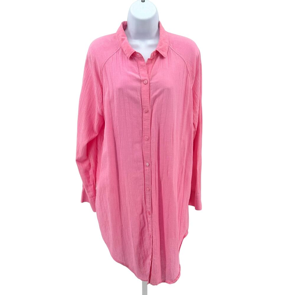 GapBody Shirt WMNS XS Light Pink Crinkle Cotton Button Up Oversized Long Sleeve